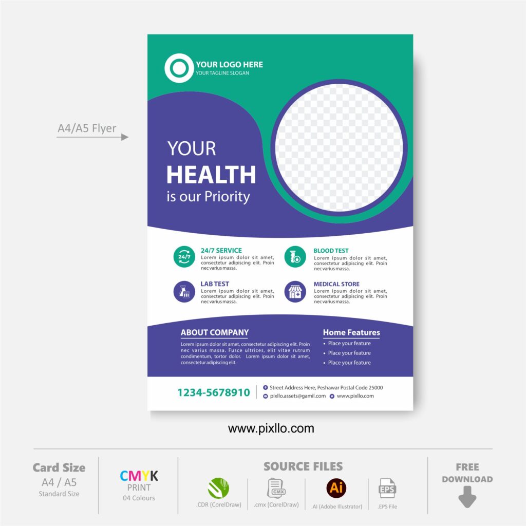 Download the Medical Flyer Template with source files CorelDraw & Illustrator files (.cdr/.ai/.cmx/.eps) from pixllo.com