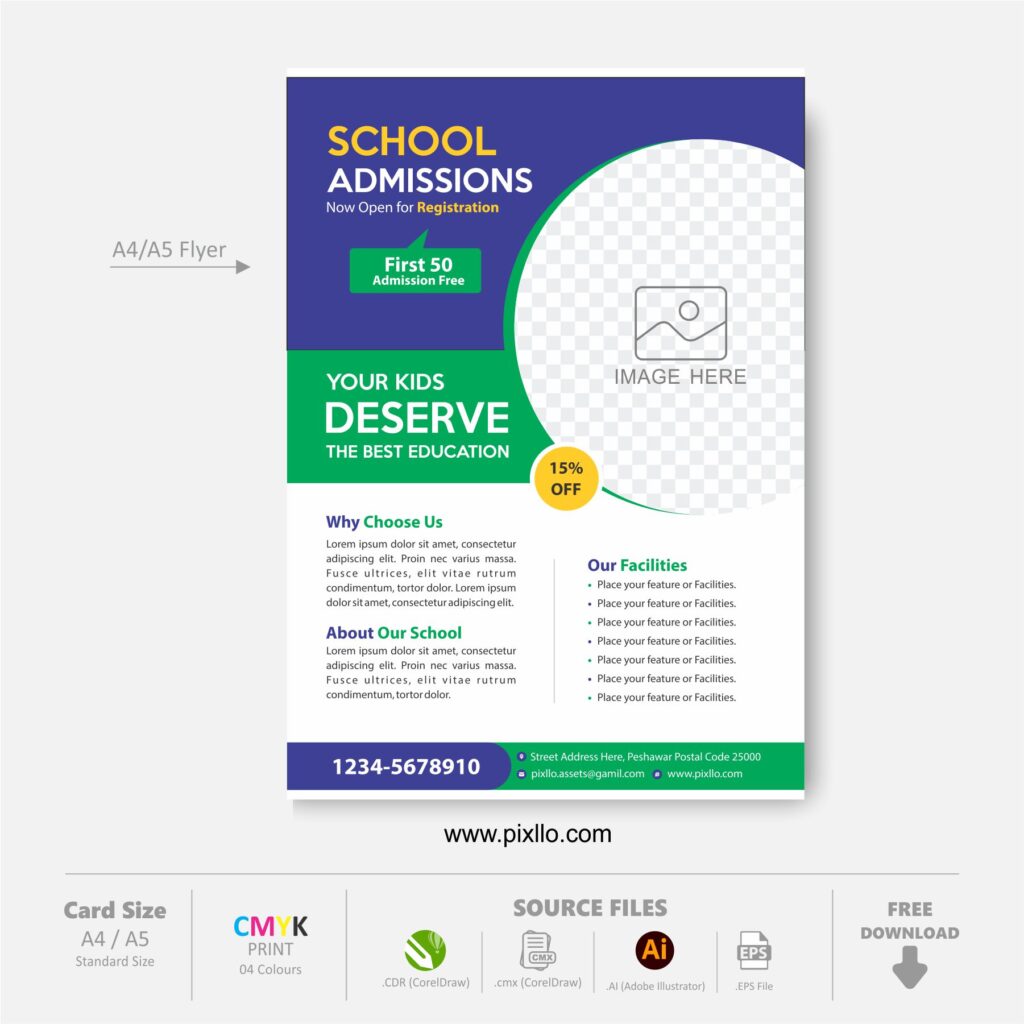 Download the School Admission Flyer Template with source files CorelDraw & Illustrator files (.cdr/.ai/.cmx/.eps) from pixllo.com