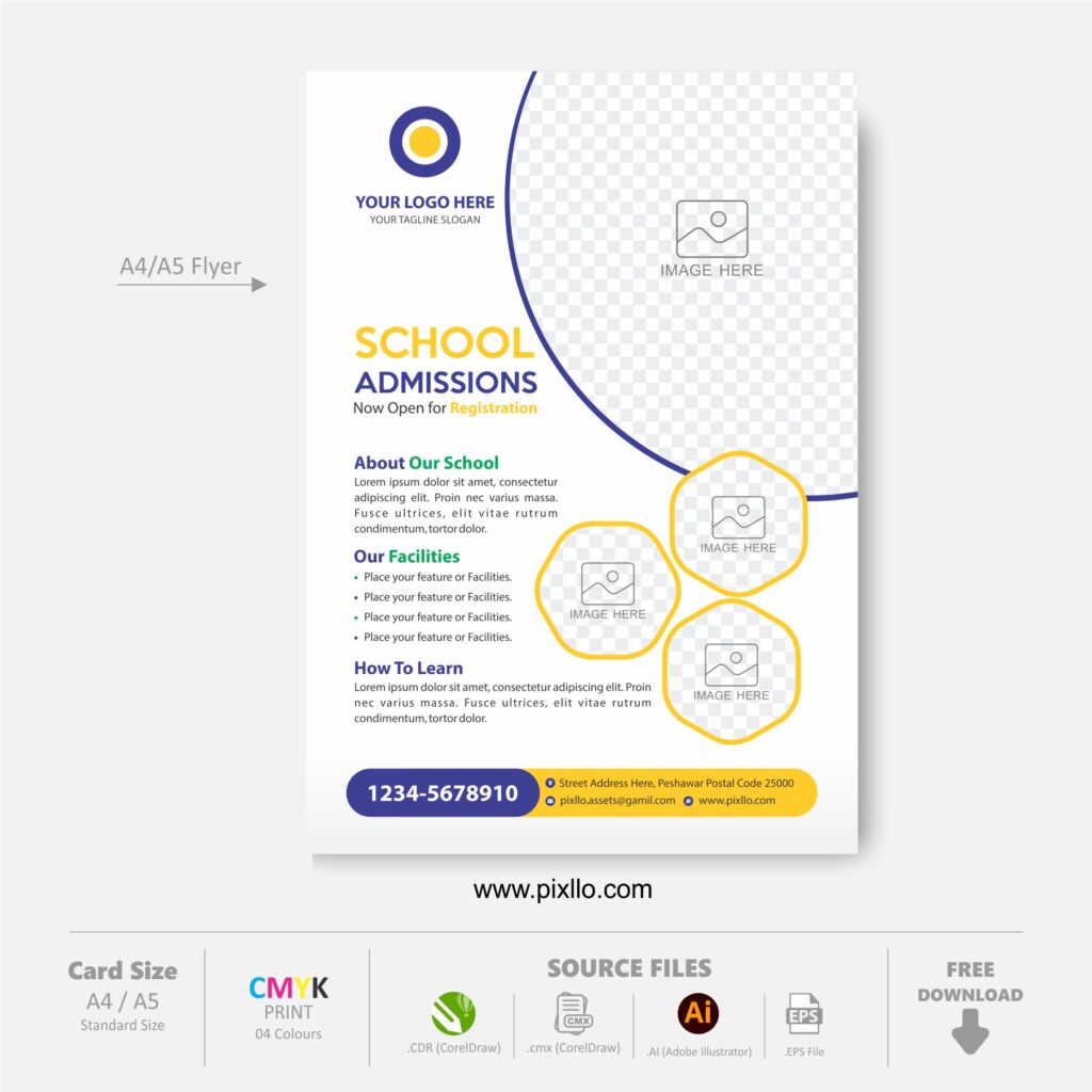 Download the School Admission Start Flyer Template with source files CorelDraw & Illustrator files (.cdr/.ai/.cmx/.eps) from pixllo.com