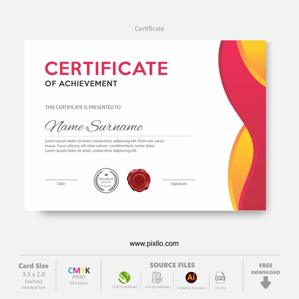 Download Free Certificate of Achievement Template with source files CorelDraw & Illustrator files (.cdr/.ai/.cmx/.eps) from pixllo.com