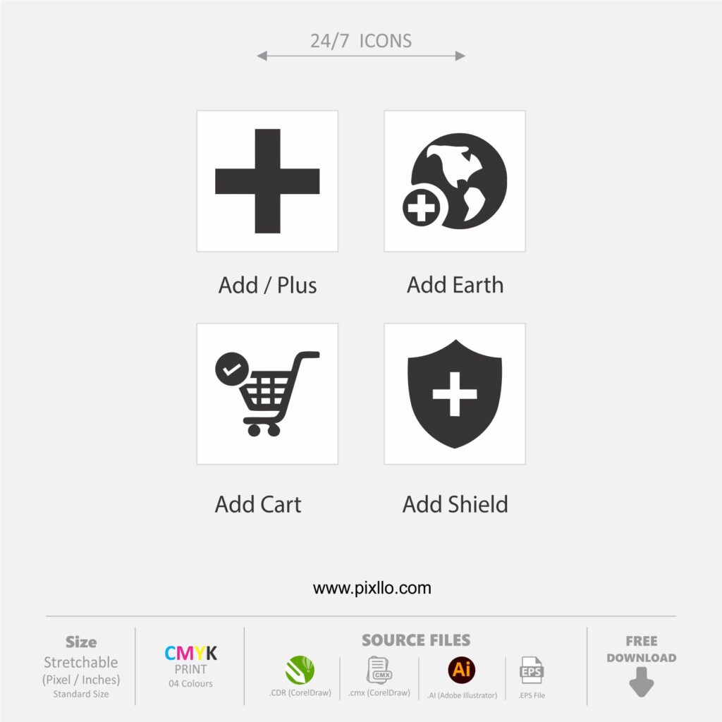 Download the Add, Earth, Cart, Sheild Icons with source files CorelDraw & Illustrator files (.cdr/.ai/.cmx/.eps) from pixllo.com