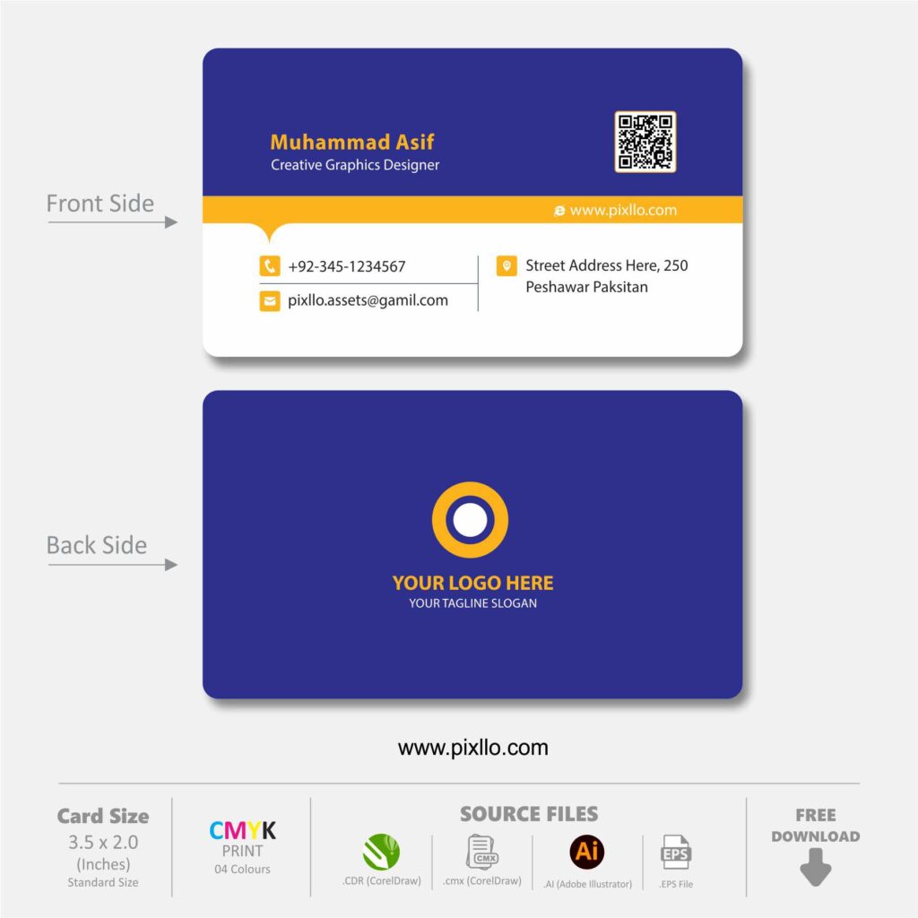 Download the Blue & Yellow Business Card Template with source files CorelDraw & Illustrator files (.cdr/.ai/.cmx/.eps) from pixllo.com