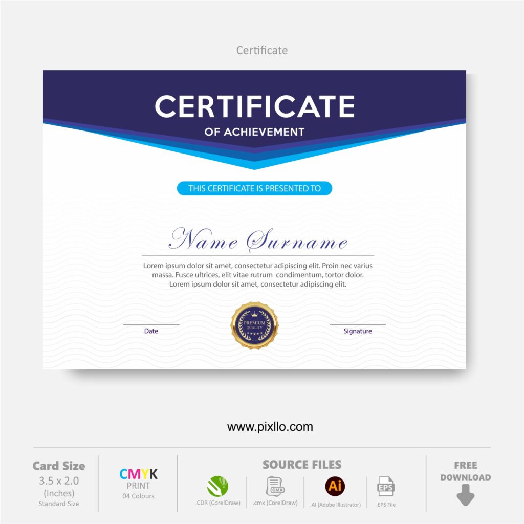 Download Free Certificate of Achievement Template with source files CorelDraw & Illustrator files (.cdr/.ai/.cmx/.eps) from pixllo.com