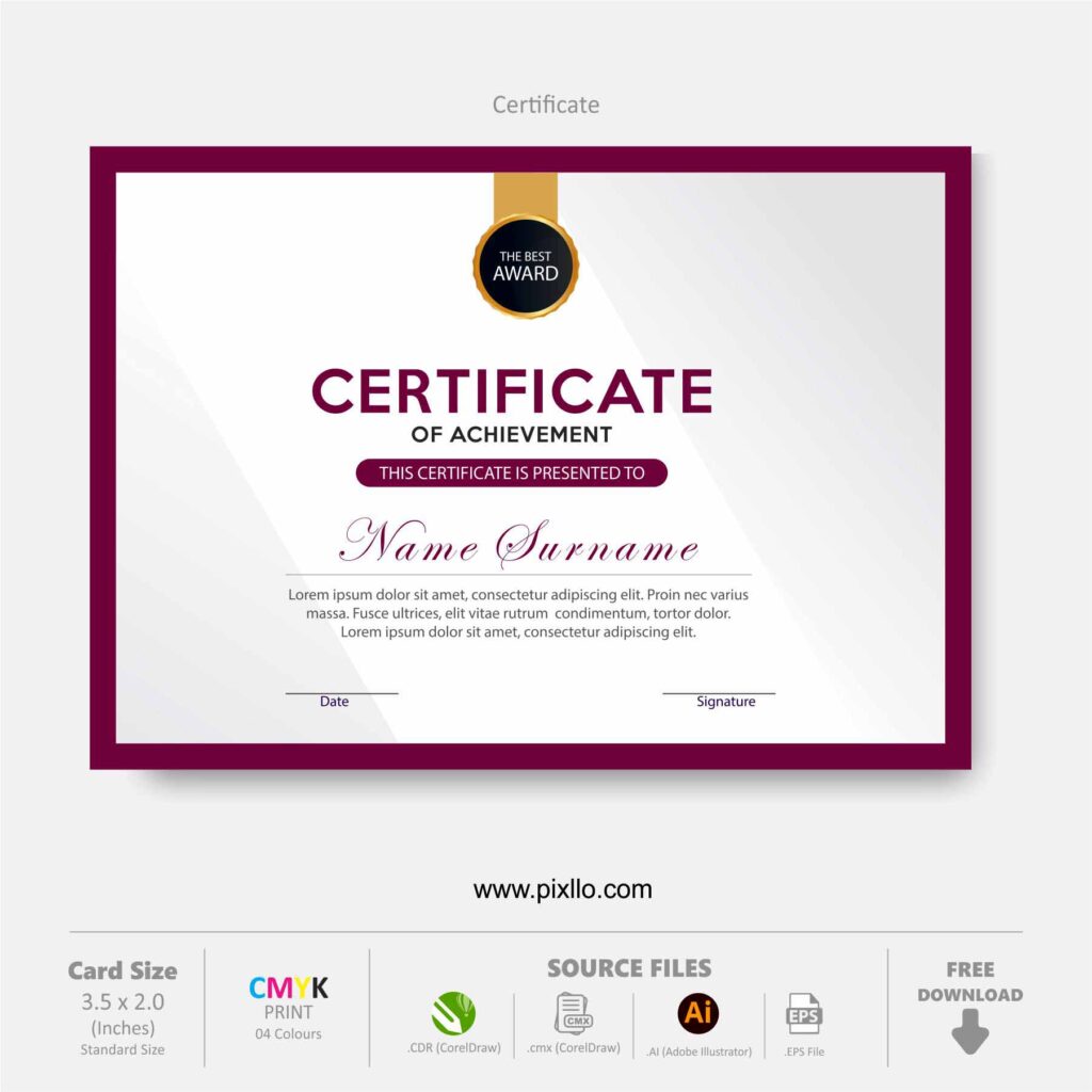 Download Free Certificate of Achievement Template with source files CorelDraw & Illustrator files (.cdr/.ai/.cmx/.eps) from pixllo.com