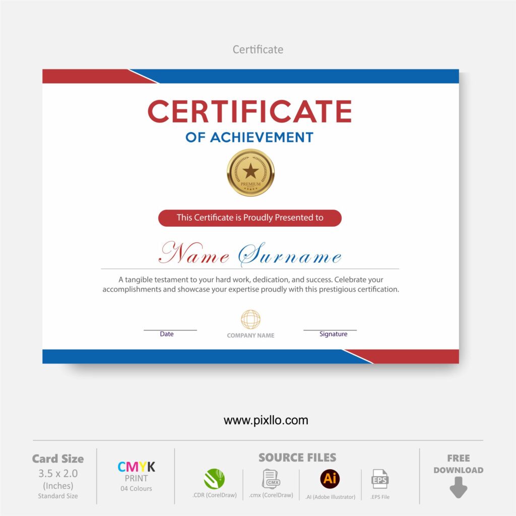 Download Free Certificate of Achievement Template with source files CorelDraw & Illustrator files (.cdr/.ai/.cmx/.eps) from pixllo.com