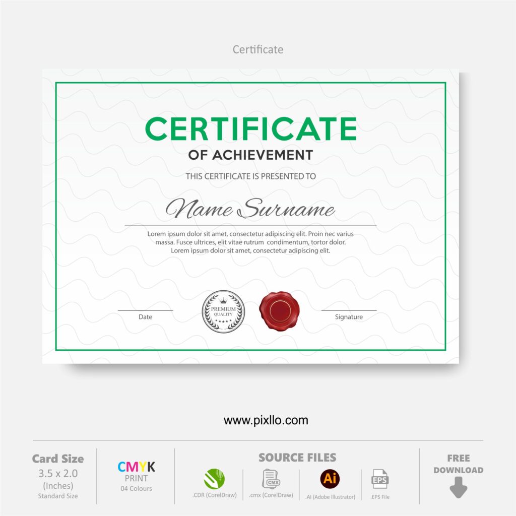 Download Free Certificate of Achievement Template with source files CorelDraw & Illustrator files (.cdr/.ai/.cmx/.eps) from pixllo.com