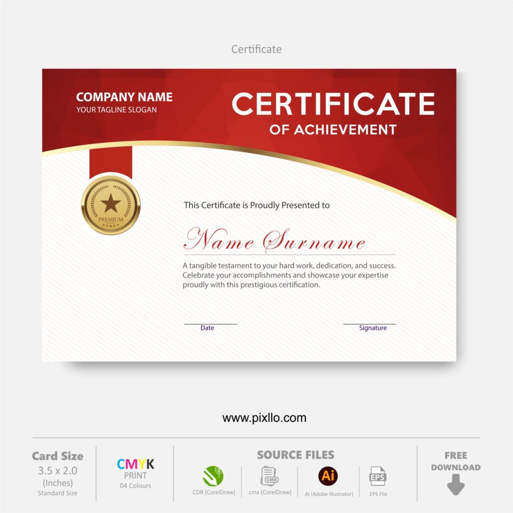 Download Free Certificate of Achievement Template with source files CorelDraw & Illustrator files (.cdr/.ai/.cmx/.eps) from pixllo.com