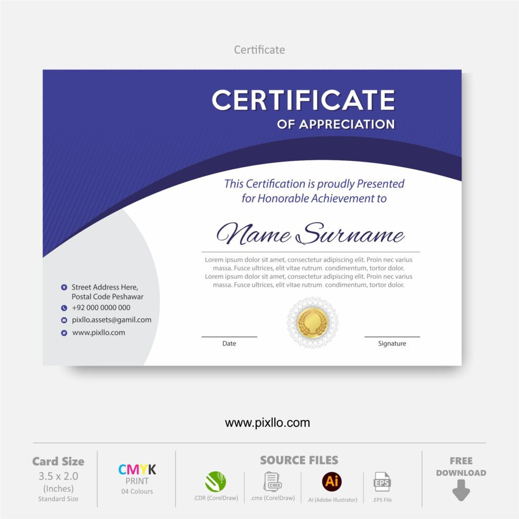 Download Free Certificate of Appreciation Template with source files CorelDraw & Illustrator files (.cdr/.ai/.cmx/.eps) from pixllo.com