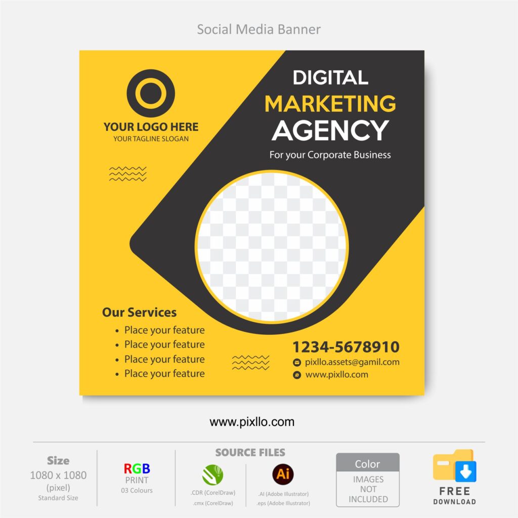Download the Digital Marketing Social Media Post Template with source files CorelDraw & Illustrator files (.cdr/.ai/.cmx/.eps) from pixllo.com