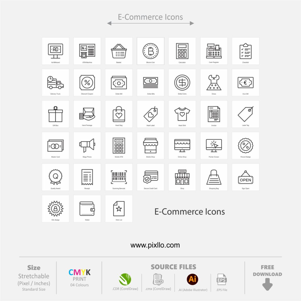 Download the E-Commerce Icons with source files CorelDraw & Illustrator files (.cdr/.ai/.cmx/.eps) from pixllo.com