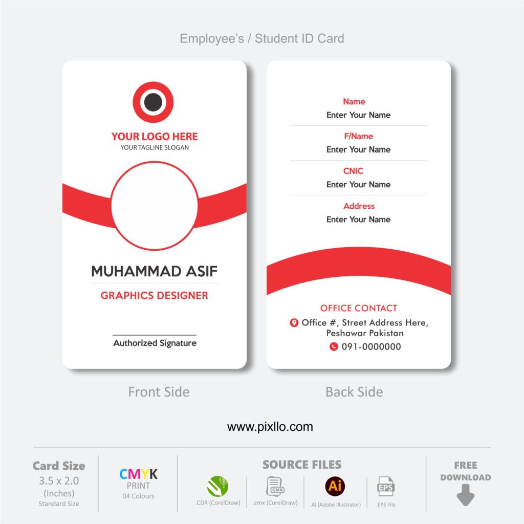 Download Free Employee ID Card Template Design with source files CorelDraw & Illustrator files (.cdr/.ai/.cmx/.eps) from pixllo.com