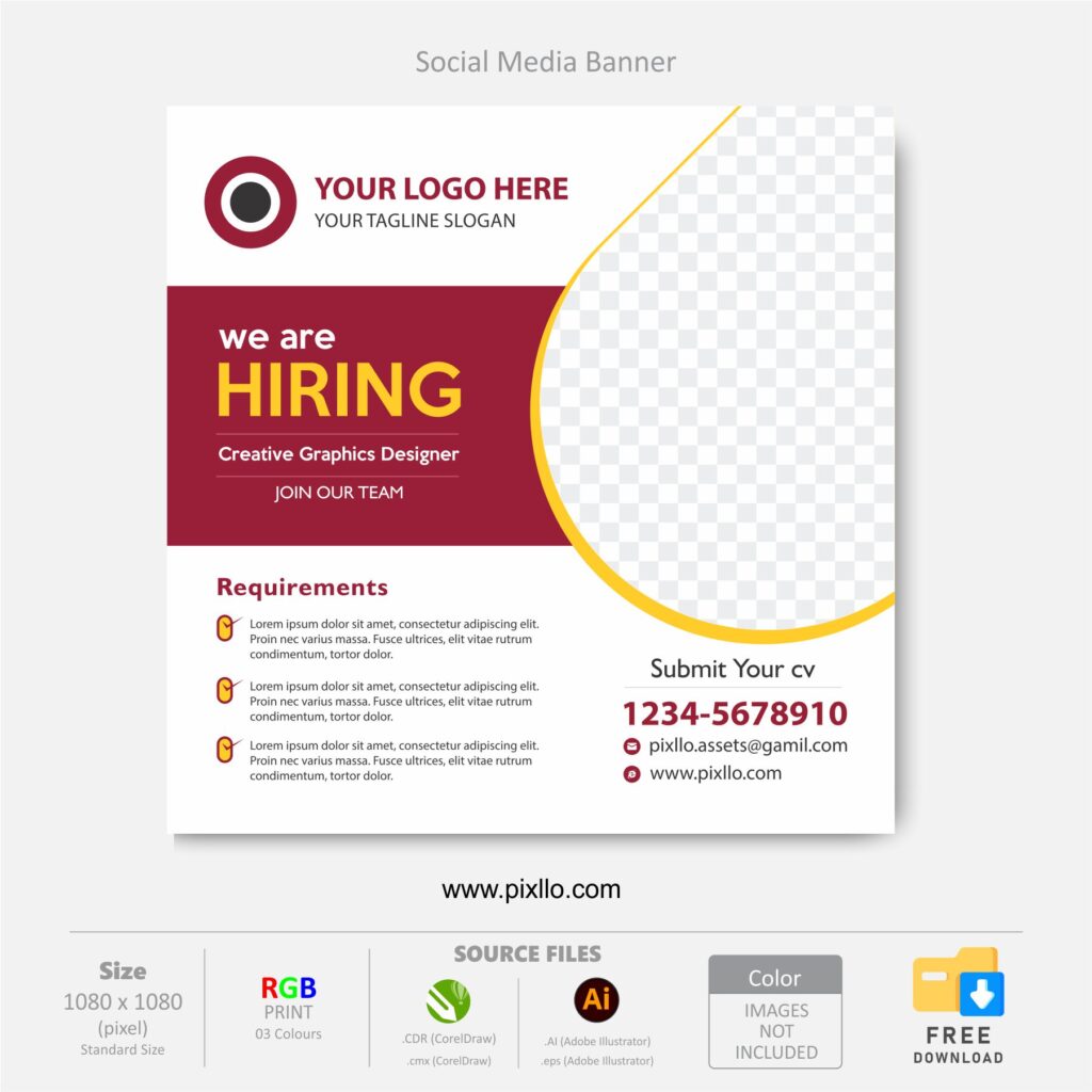 Download the We are Hiring Social Media Post Template with source files CorelDraw & Illustrator files (.cdr/.ai/.cmx/.eps) from pixllo.com