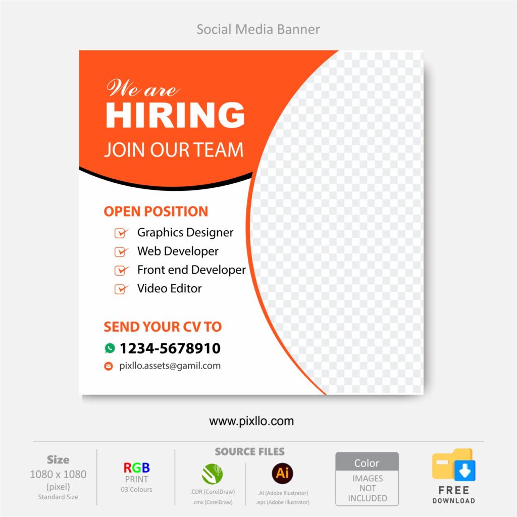 Download the We Are Hiring Social Media Post Template with source files CorelDraw & Illustrator files (.cdr/.ai/.cmx/.eps) from pixllo.com