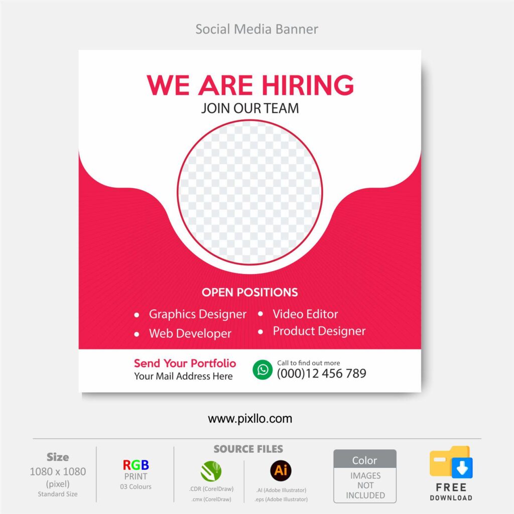 Download the We Are Hiring Social Media Post Template with source files CorelDraw & Illustrator files (.cdr/.ai/.cmx/.eps) from pixllo.com